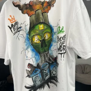 “Proof of Work” – Hand-Painted Bitcoin T-Shirt (Greenpeace Skull, 1/1, XL)
