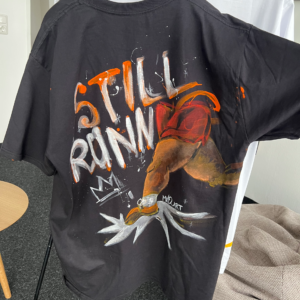 “Still Running” – Hand-Painted Bitcoin black T-Shirt (1/1 Wearable Art, XL)